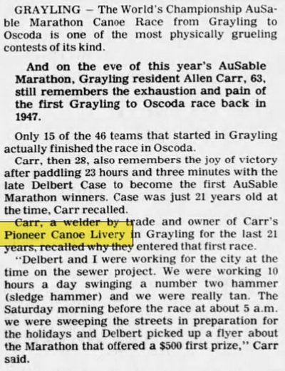 Au Sable Canoe (Carrs Pioneer Canoe Livery) - Jul 19 1981 Article (newer photo)